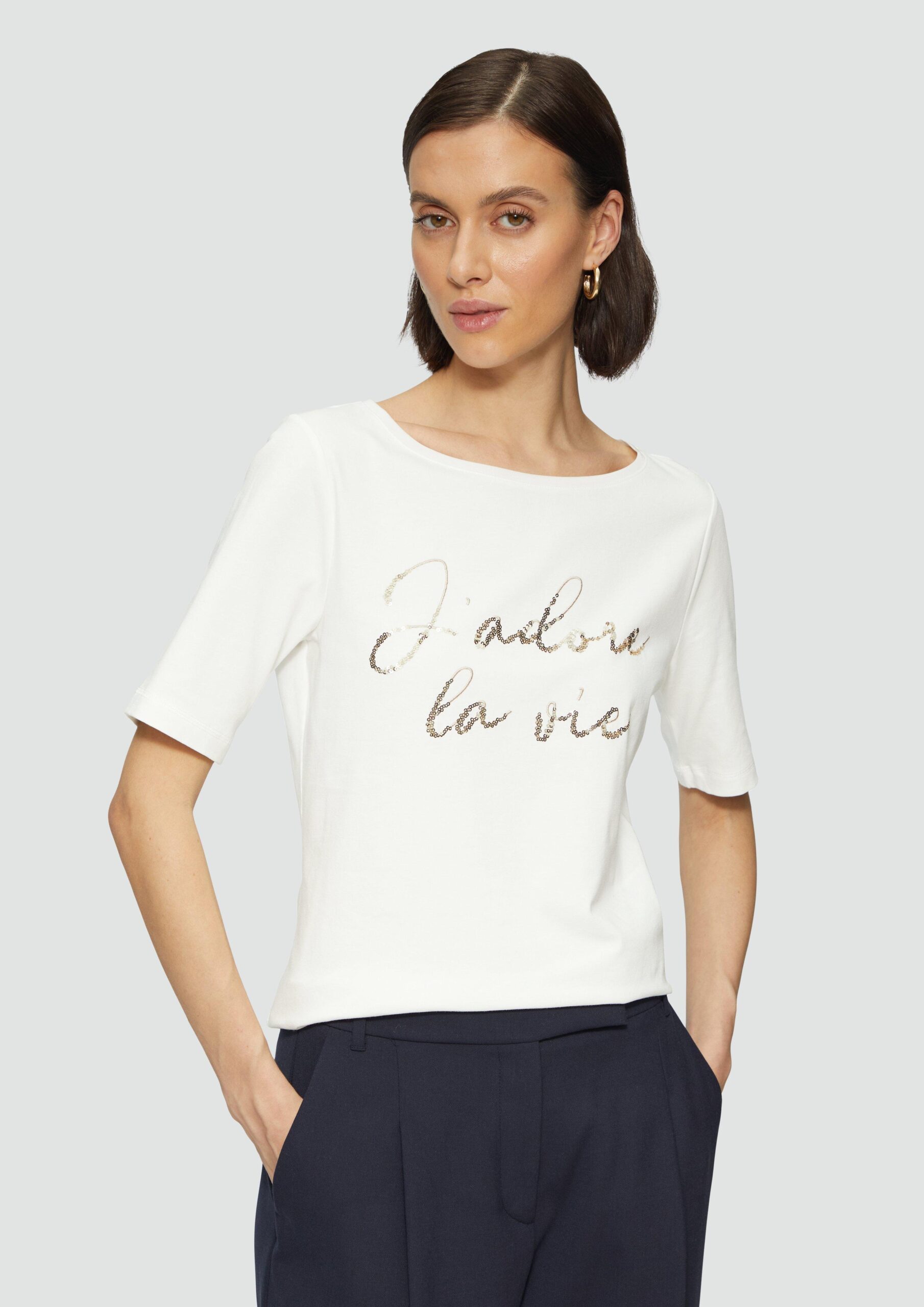 T-Shirt aus Baumwollmix mit Pailletten-Schriftzug