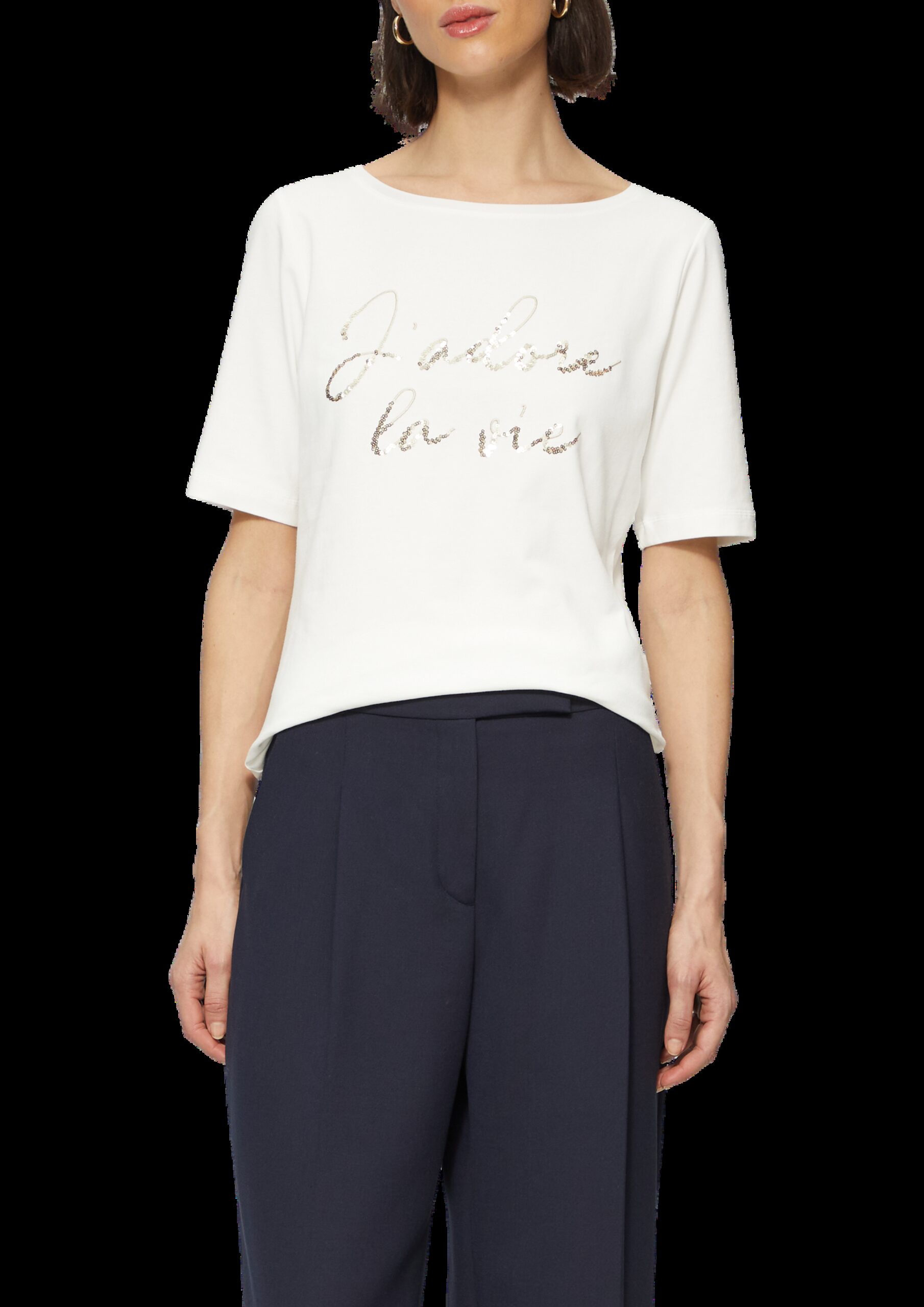 T-Shirt aus Baumwollmix mit Pailletten-Schriftzug