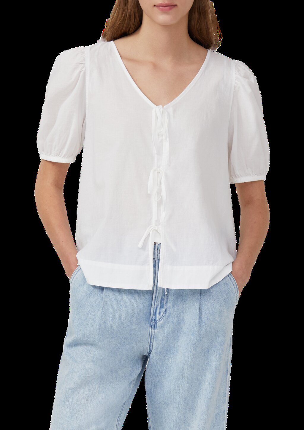 Baumwollbluse mit V-Ausschnitt und Puffärmeln