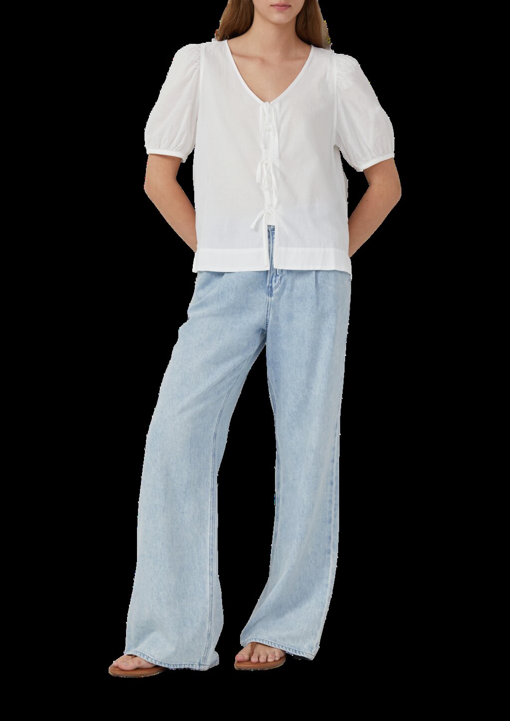 Baumwollbluse mit V-Ausschnitt und Puffärmeln