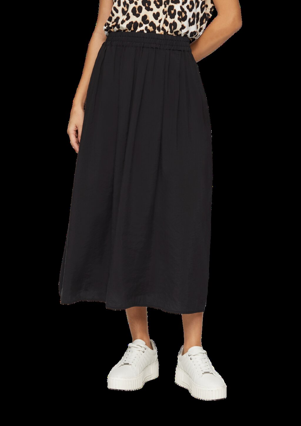 Fließender Midi-Rock mit Elastikbund und seitlichen Eingrifftaschen