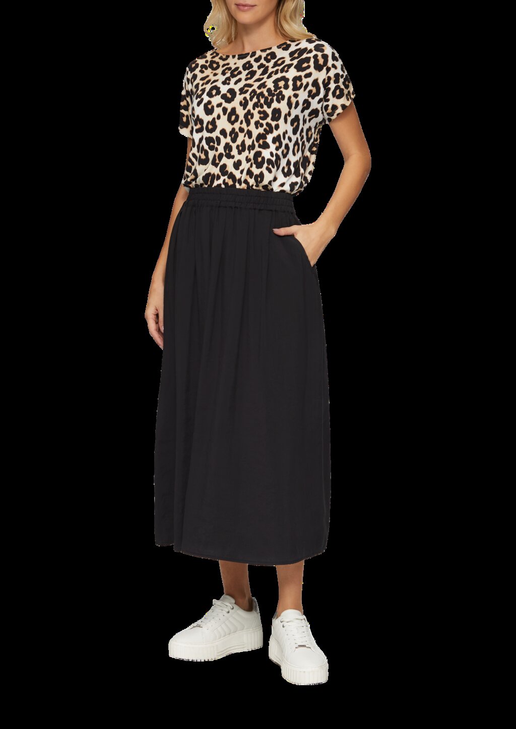 Fließender Midi-Rock mit Elastikbund und seitlichen Eingrifftaschen