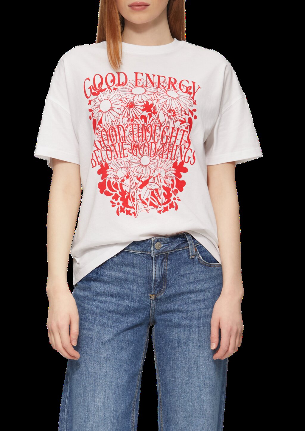 Baumwollshirt mit Frontprint und überschnittener Schulter