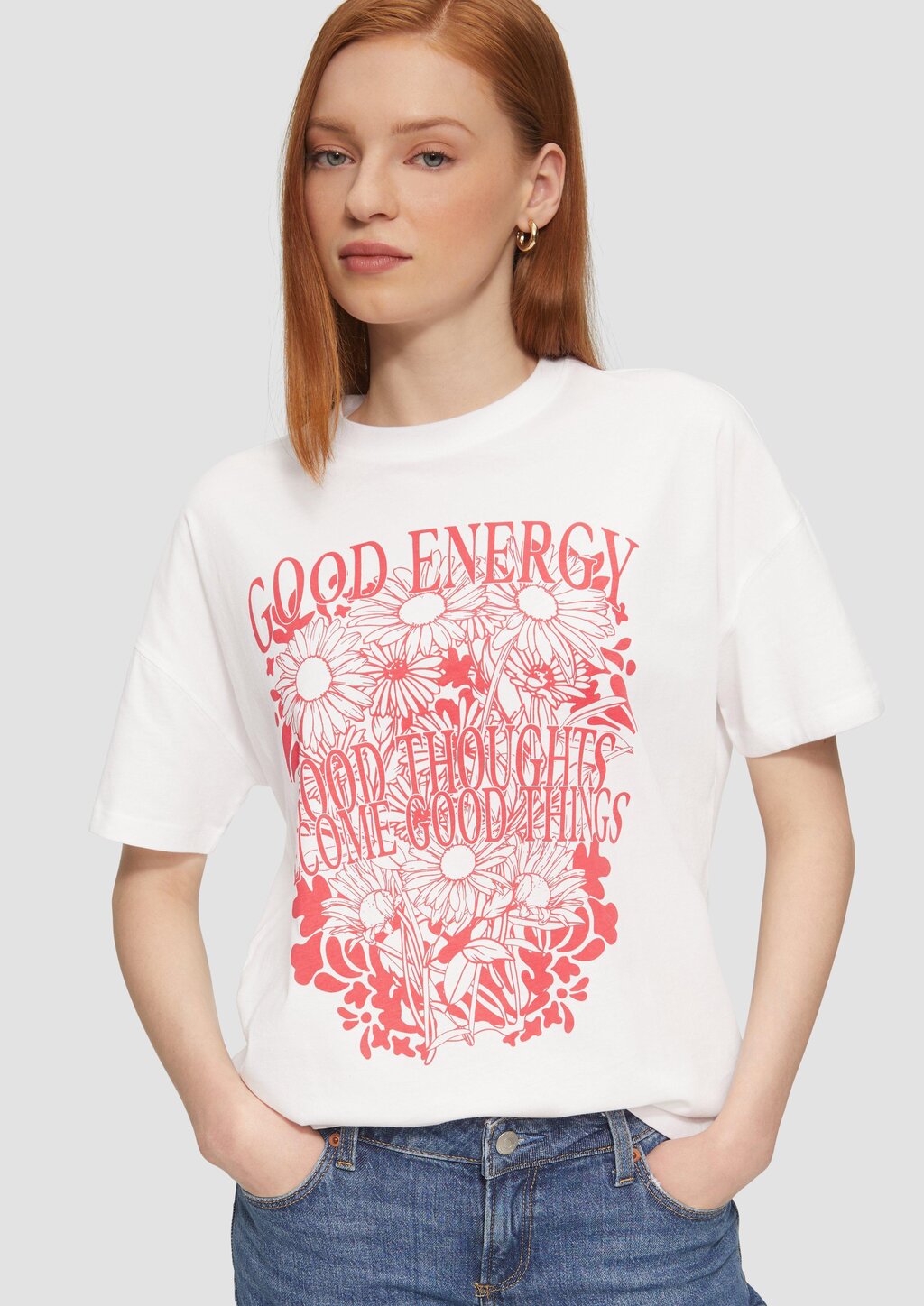 Baumwollshirt mit Frontprint und überschnittener Schulter