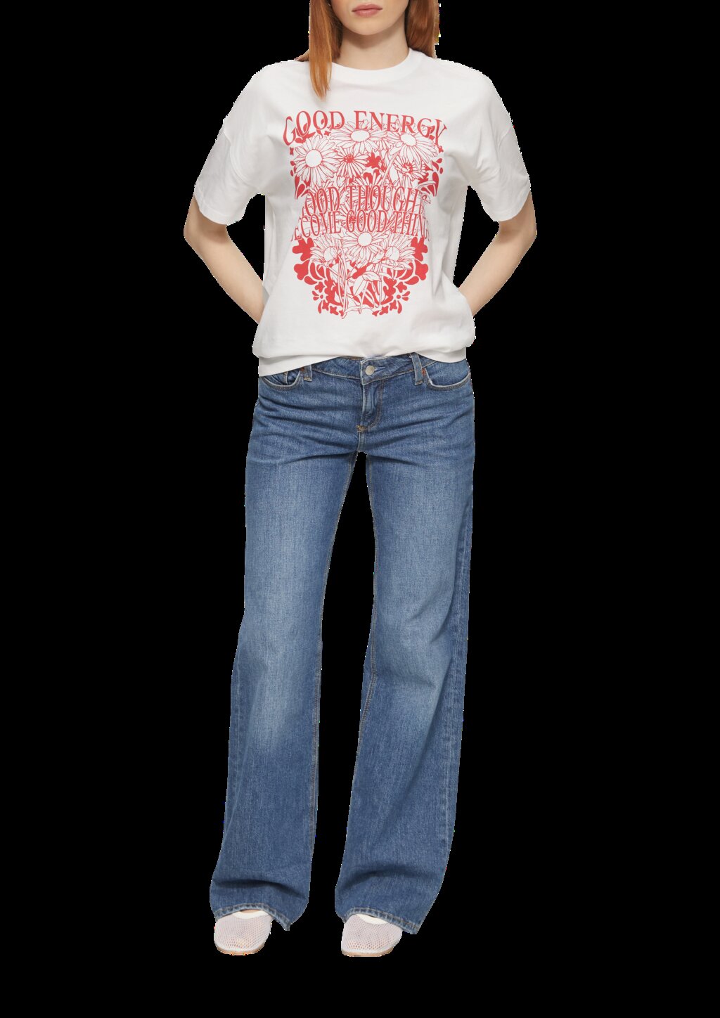 Baumwollshirt mit Frontprint und überschnittener Schulter