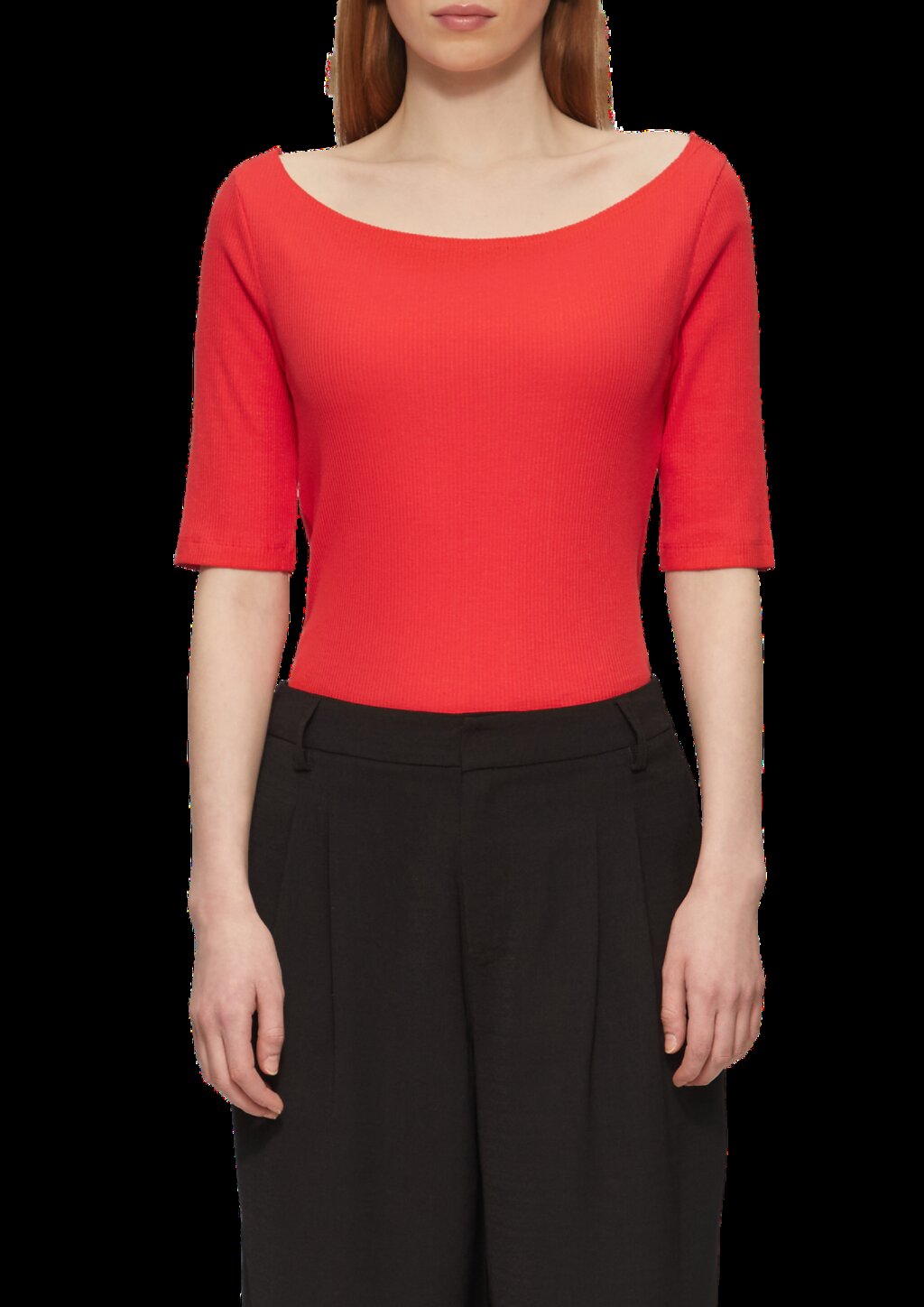 Schmales Rippshirt mit U-Boot Ausschnitt