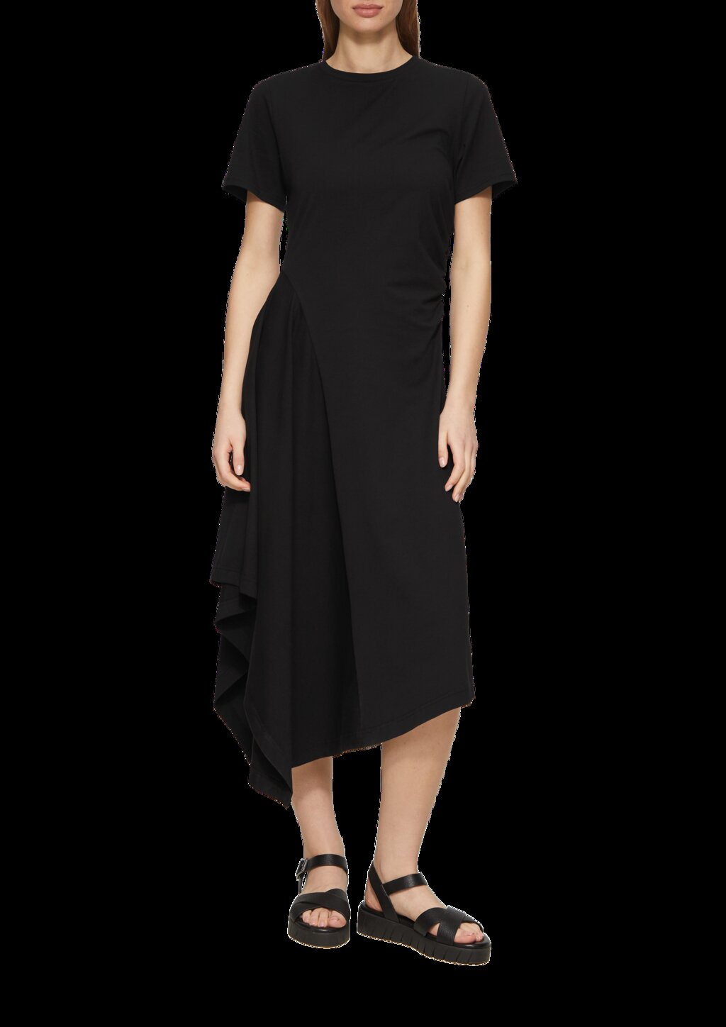 Tailliertes Midikleid mit Raffungen und asymmetrischem Rock