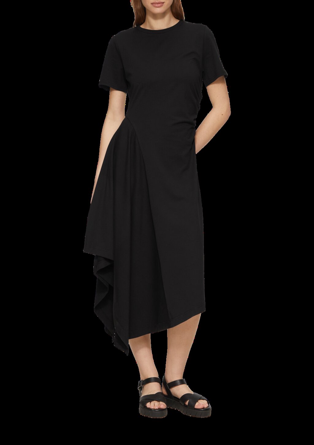 Tailliertes Midikleid mit Raffungen und asymmetrischem Rock