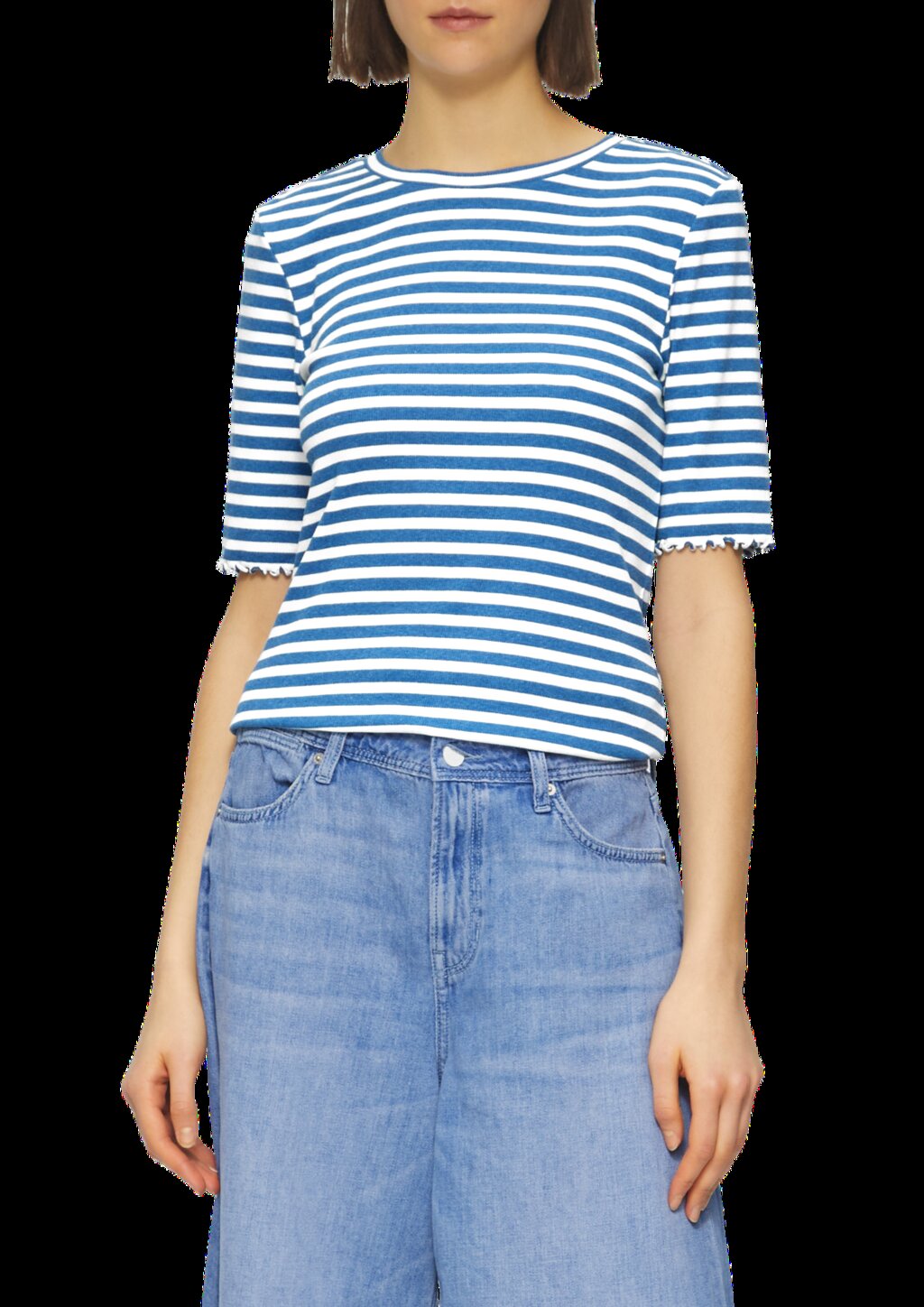 Geripptes T-Shirt mit Ziersaum