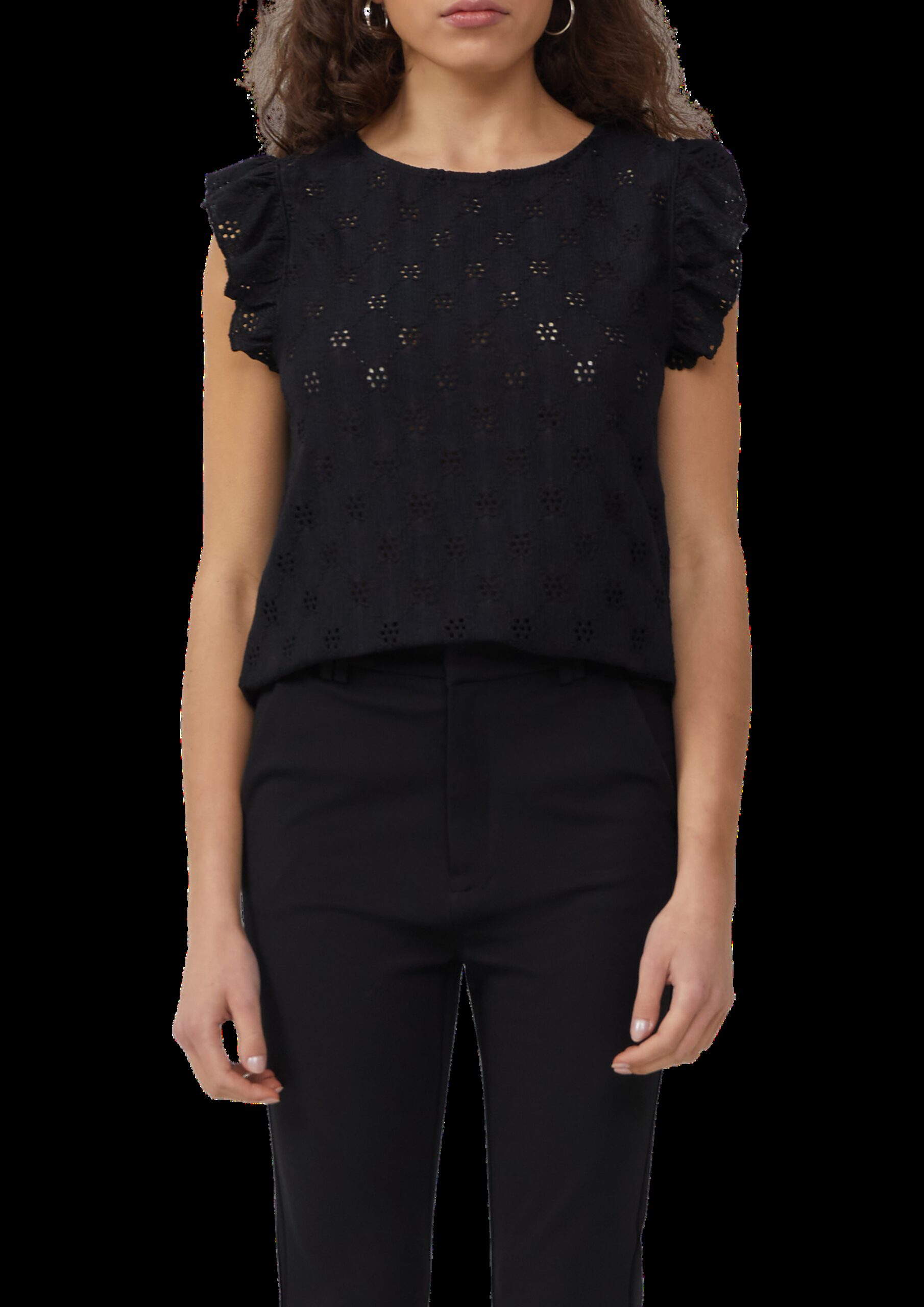 Top mit Lochstickerei und Volant am Arm
