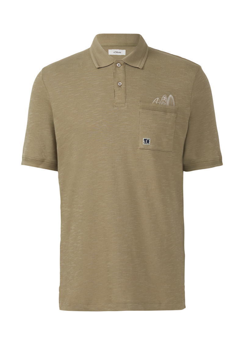 Flammgarn-Poloshirt mit Brusttasche und Stickerei