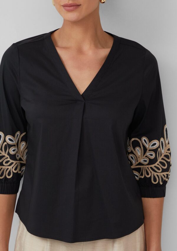 Popeline-Bluse mit Stickerei und 3/4-Ärmeln
