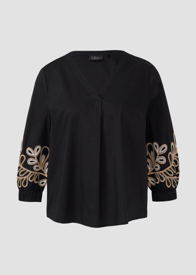 Popeline-Bluse mit Stickerei und 3/4-Ärmeln