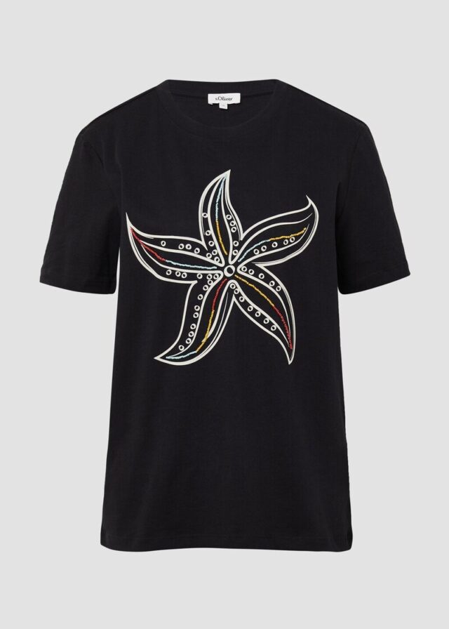 Jersey-T-Shirt mit Frontprint und Schmuckperlen