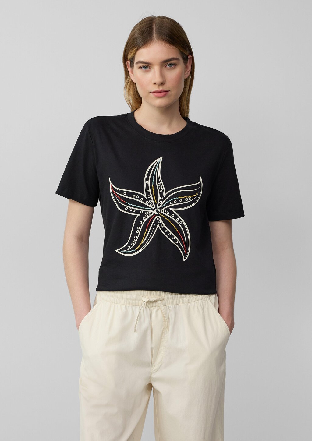 Jersey-T-Shirt mit Frontprint und Schmuckperlen