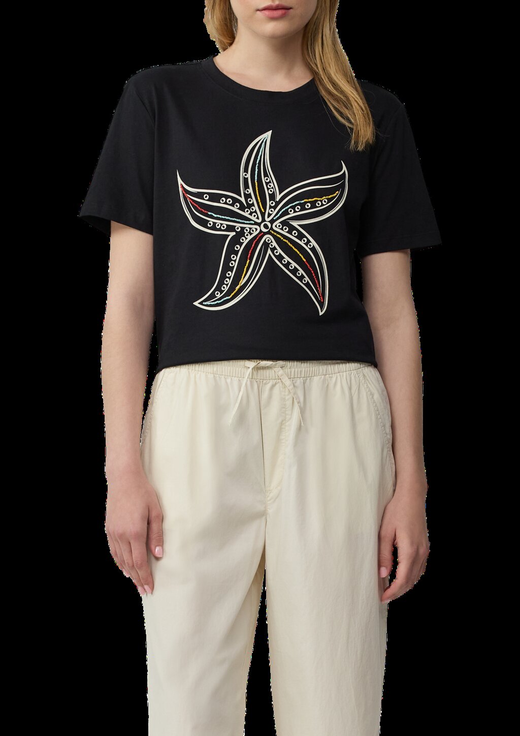 Jersey-T-Shirt mit Frontprint und Schmuckperlen