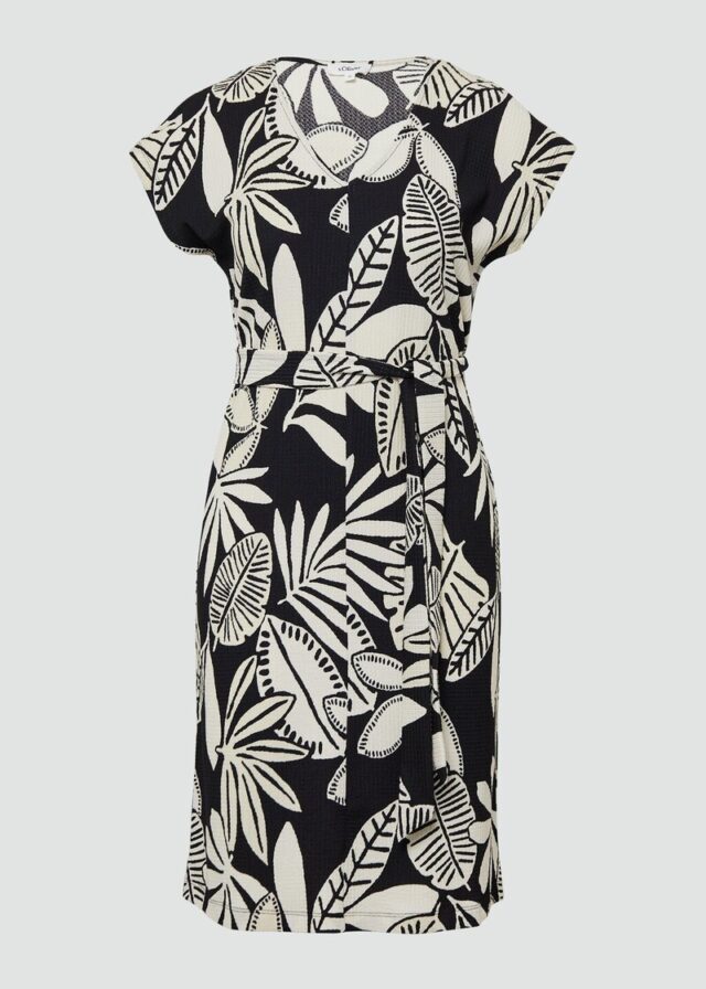 Strukturiertes Jerseykleid mit All-over-Print und Gürtel