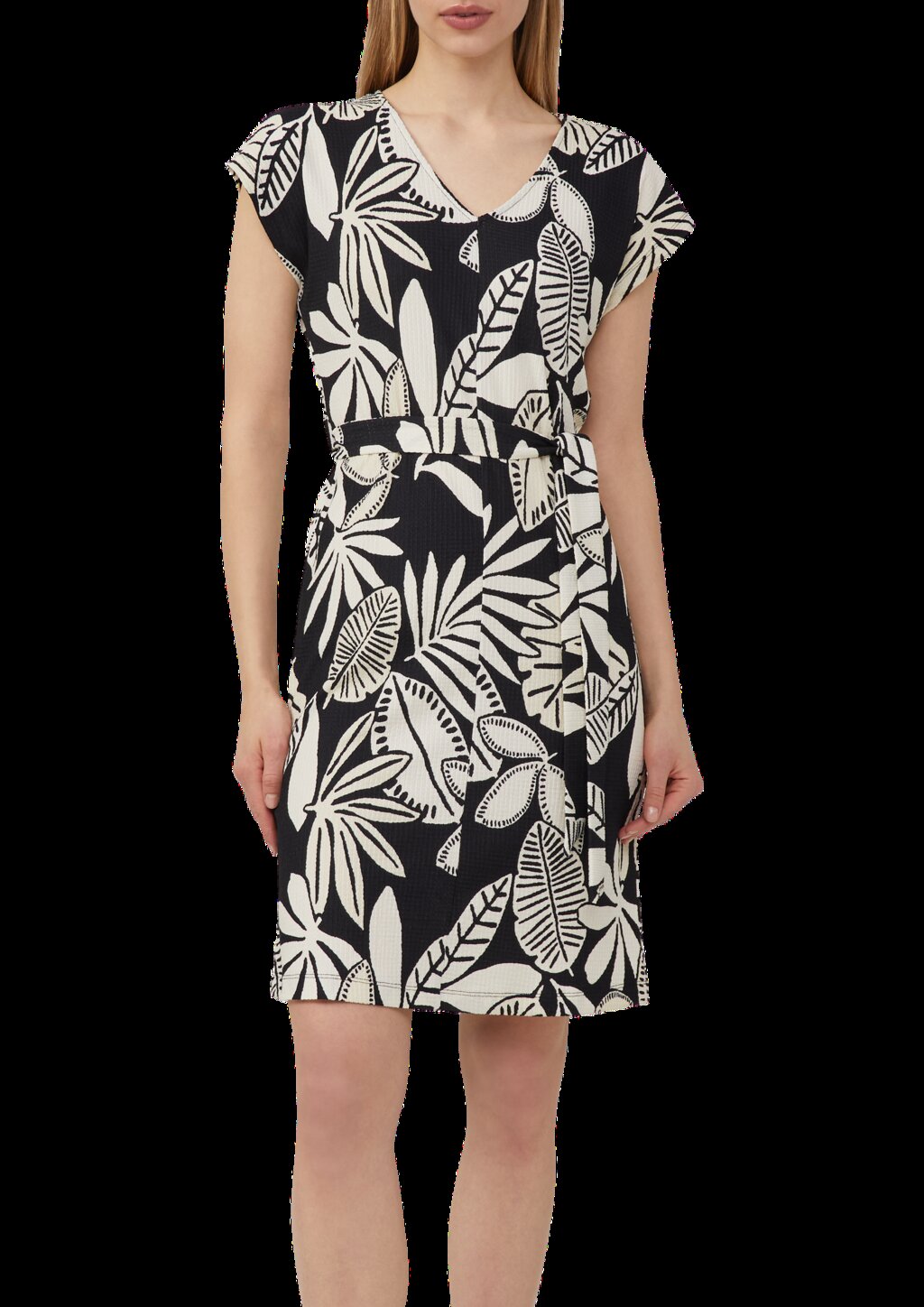 Strukturiertes Jerseykleid mit All-over-Print und Gürtel