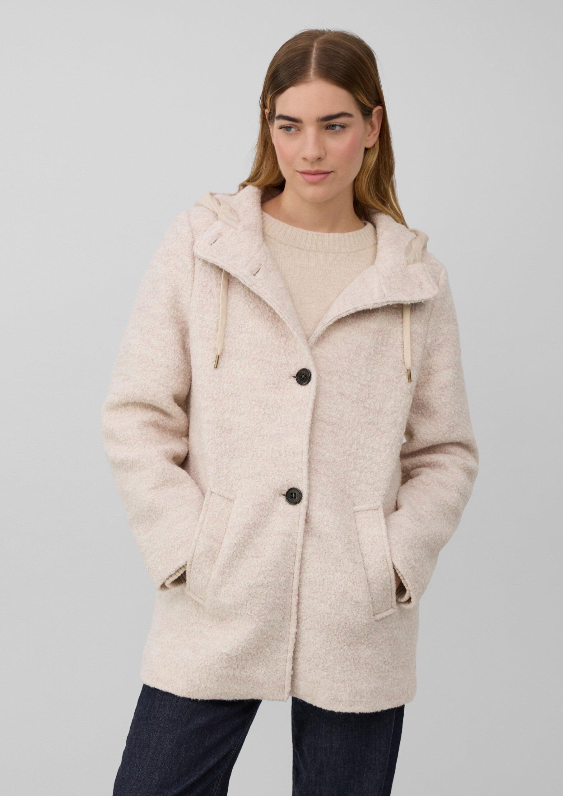 Bouclé-Jacke aus Wollmix mit Kapuze