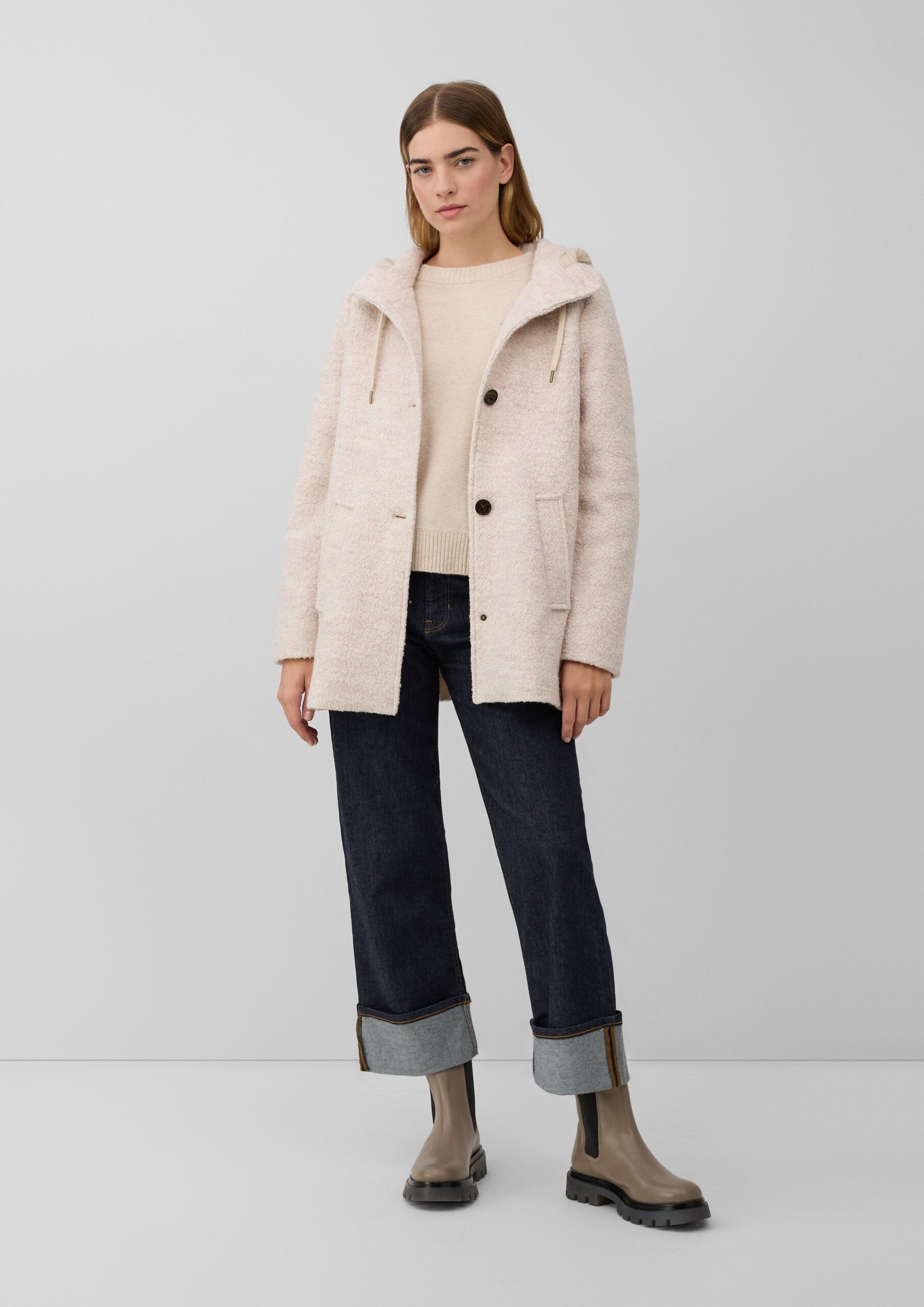 Bouclé-Jacke aus Wollmix mit Kapuze