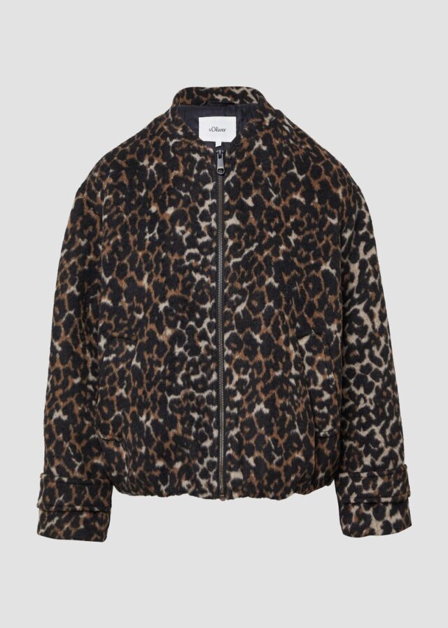 Wollmix-Blouson mit gerafftem Saum und Leo-Print