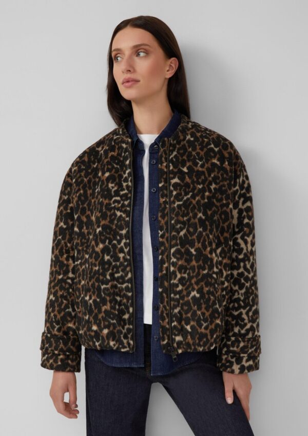 Wollmix-Blouson mit gerafftem Saum und Leo-Print