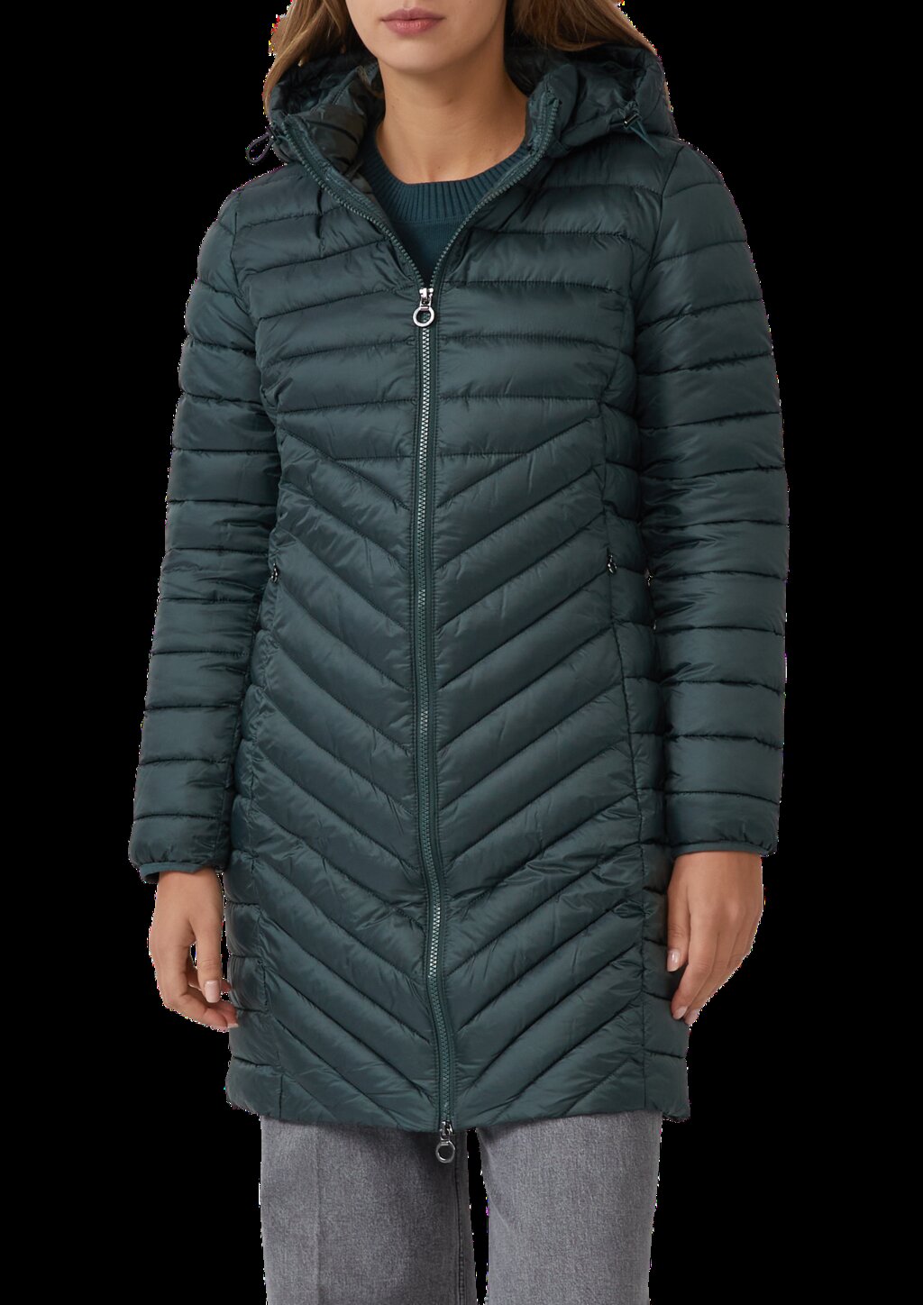 Packbarer leichter Mantel mit Zwei-Wege-Reißverschluss und abnehmbarer Kapuze