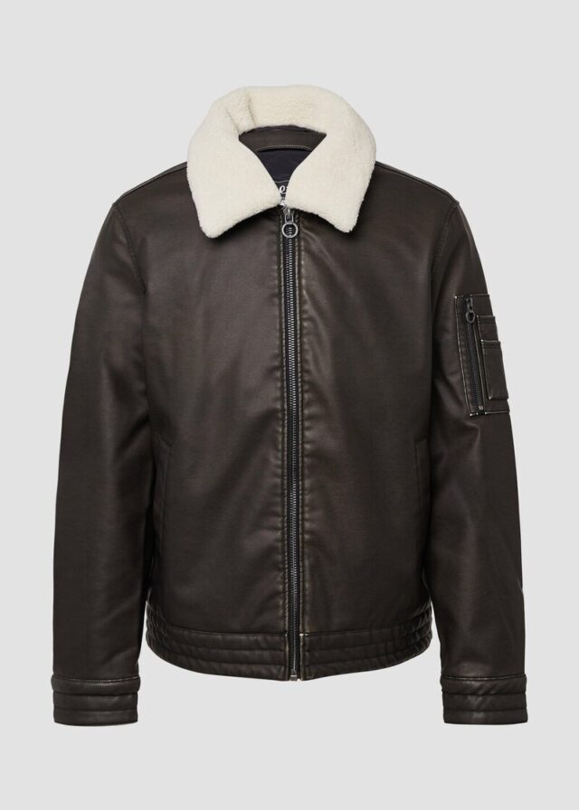 Bomberjacke aus Lederimitat mit abnehmbarem Teddy-Kragen