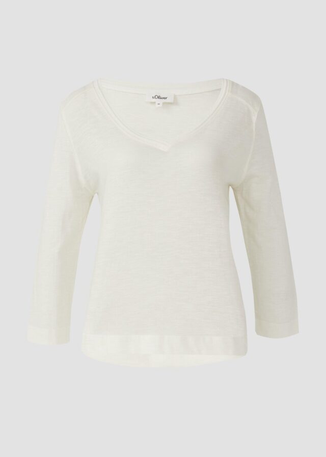 3/4-Armshirt aus Baumwoll-Flammgarn mit tiefem V-Ausschnitt