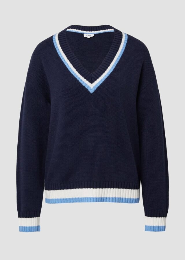 Strickpullover aus Baumwollmix mit tiefem V-Ausschnitt