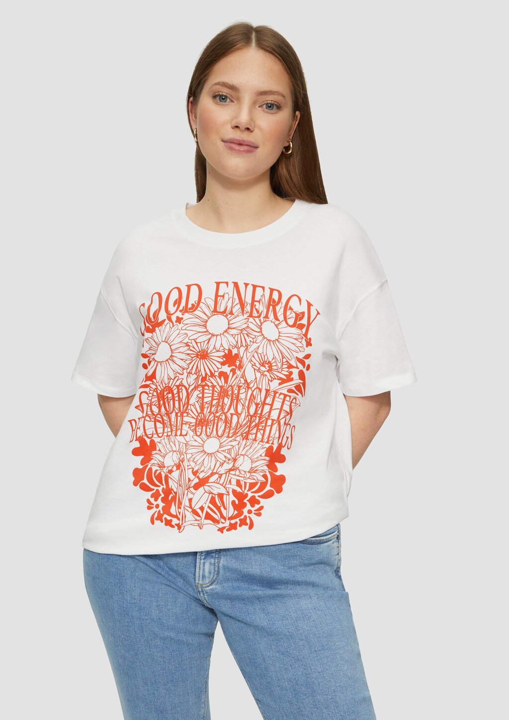 Baumwollshirt mit Frontprint und überschnittener Schulter