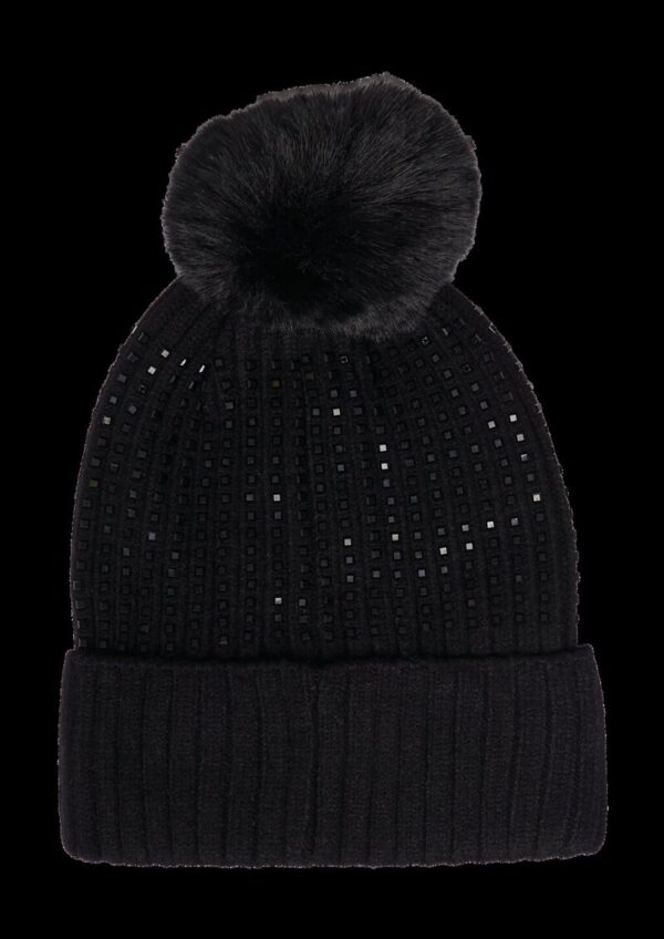 Strickmütze mit Schmucksteinen und Bommel