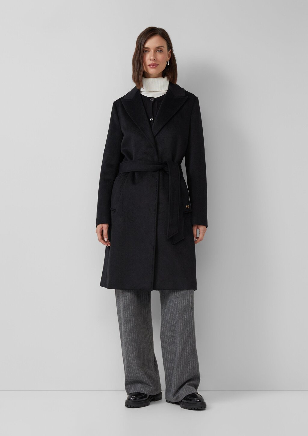 Mantel aus Wollmix mit Jacquard-Futter und Bindegürtel
