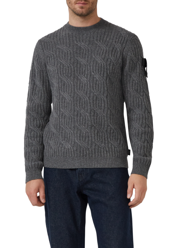 Strickpullover aus 100% Wolle mit Zopfmuster und Ärmel-Patch