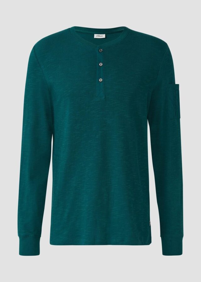 Henley-Longsleeve mit Flammgarnstruktur und Ärmeltasche