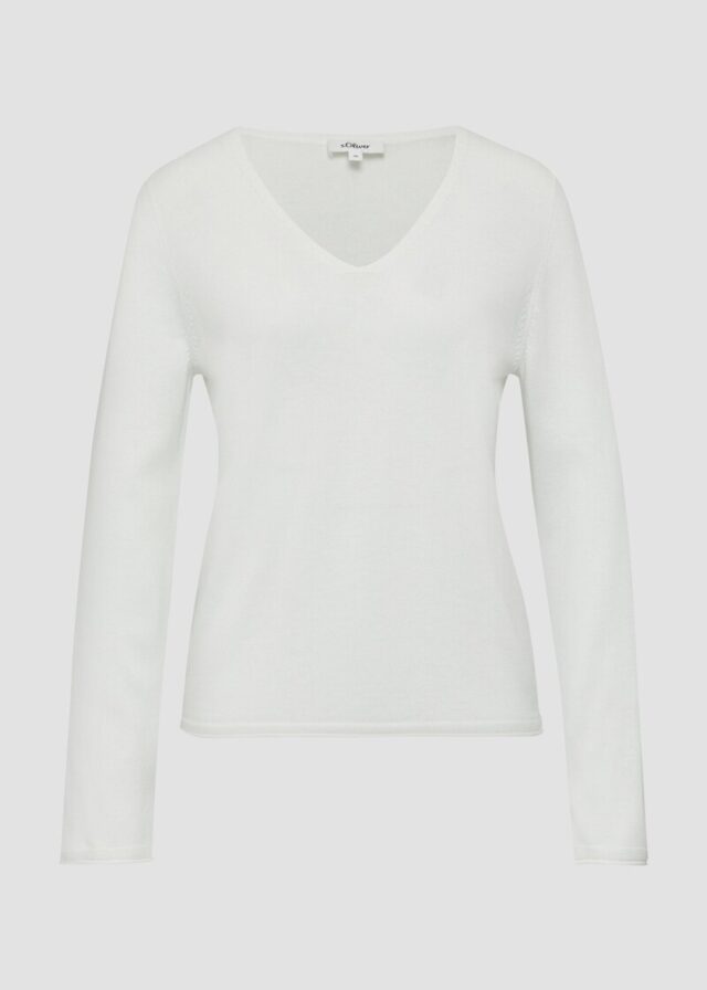 Feinstrickpullover mit V-Ausschnitt und Rollkante am Saum