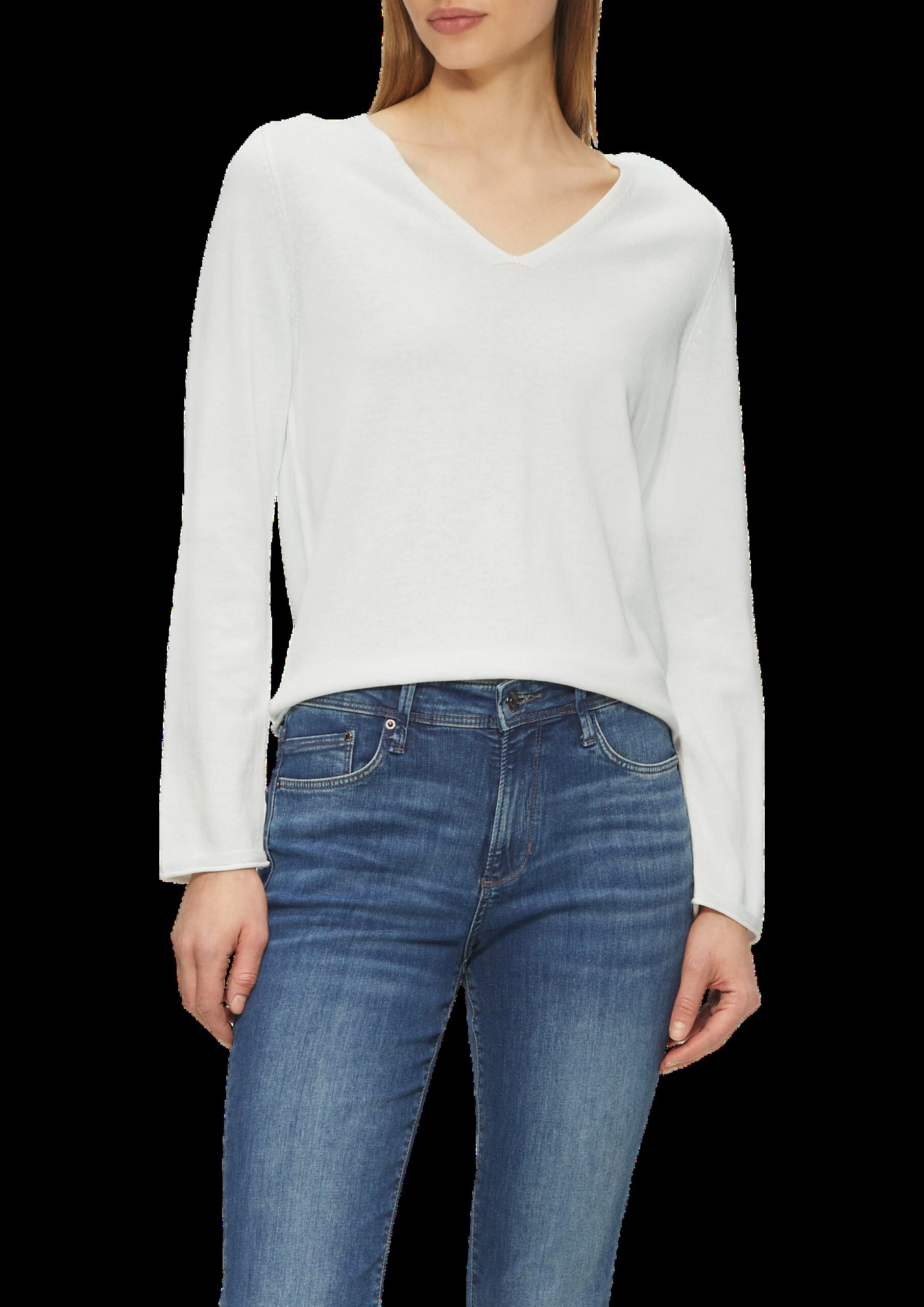 Feinstrickpullover mit V-Ausschnitt und Rollkante am Saum