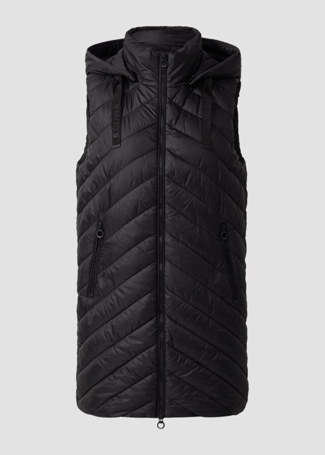 Lange wattierte Steppweste mit abnehmbarer Kapuze