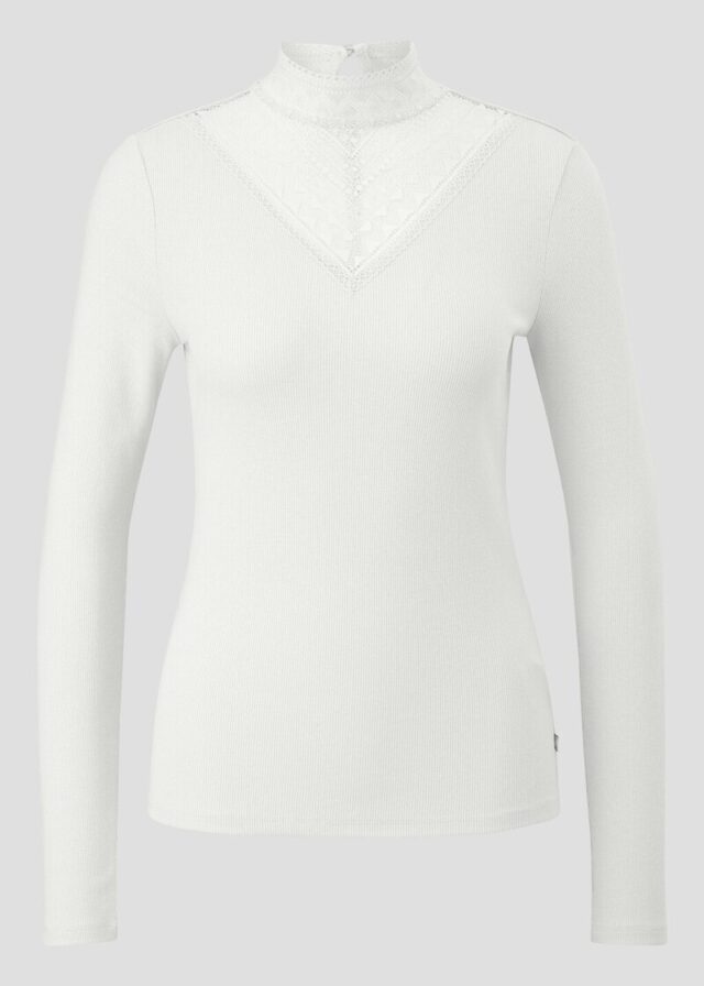 Rippshirt mit Spitzeneinsatz und Stehkragen