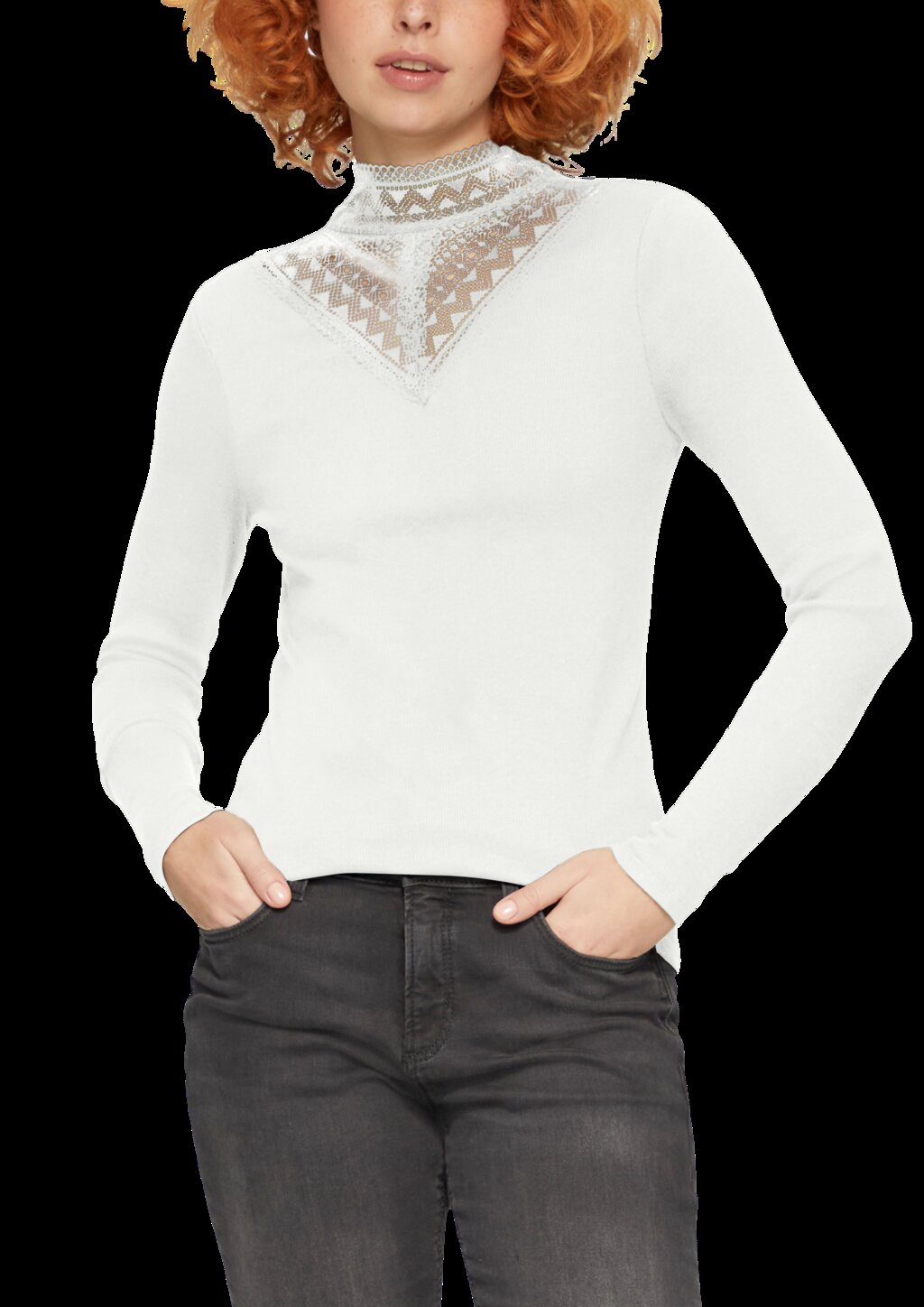 Rippshirt mit Spitzeneinsatz und Stehkragen