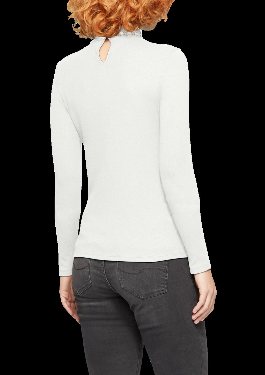 Rippshirt mit Spitzeneinsatz und Stehkragen