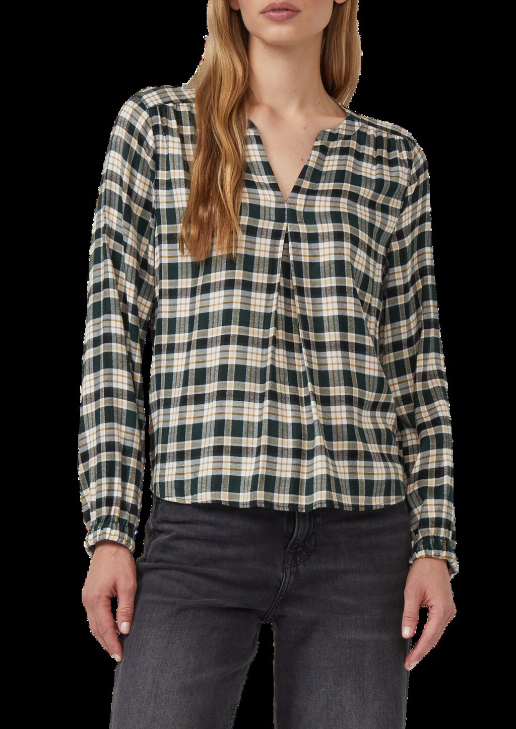 Karo-Bluse mit Faltendetail und elastischen Ärmelbündchen