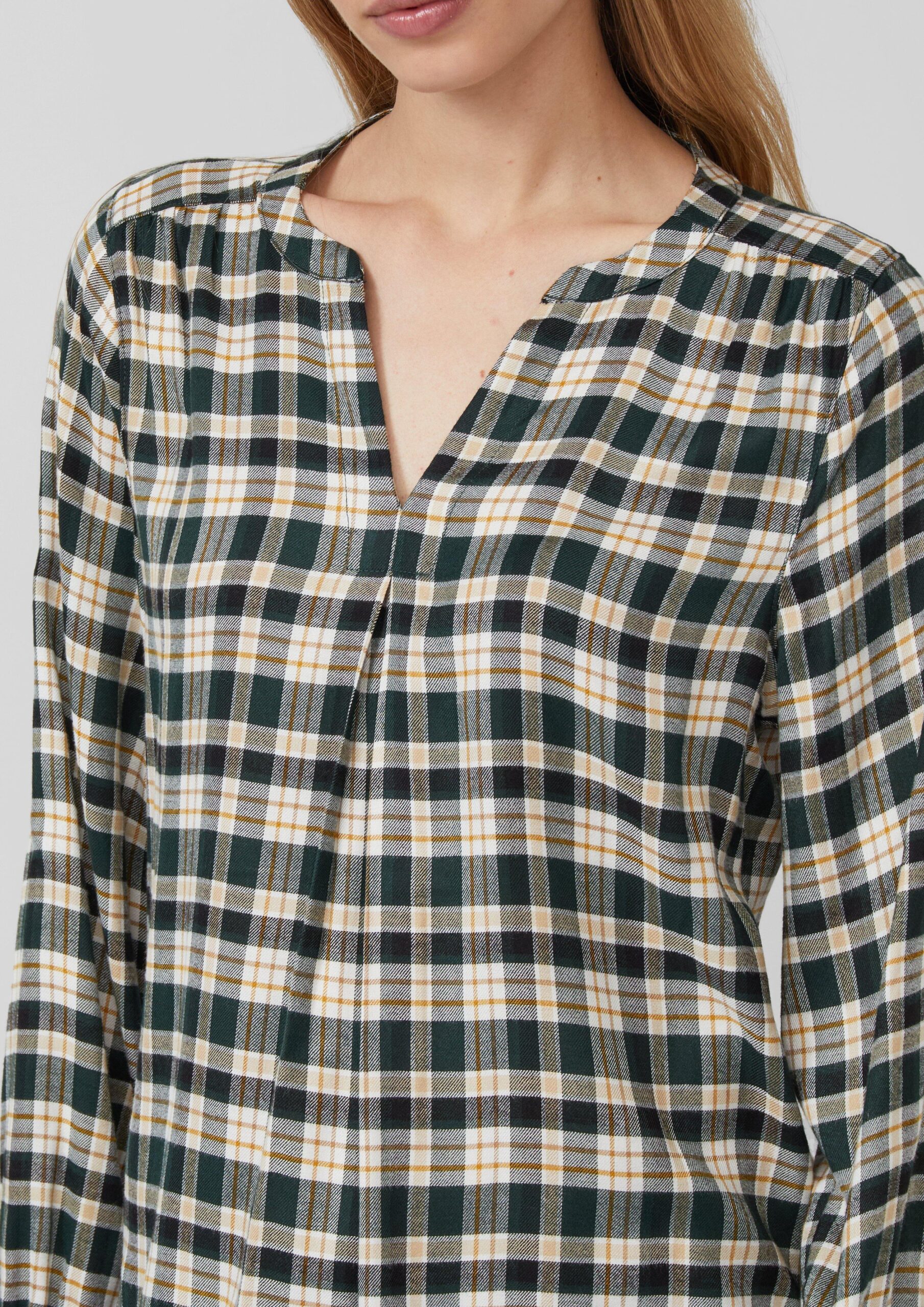Karo-Bluse mit Faltendetail und elastischen Ärmelbündchen