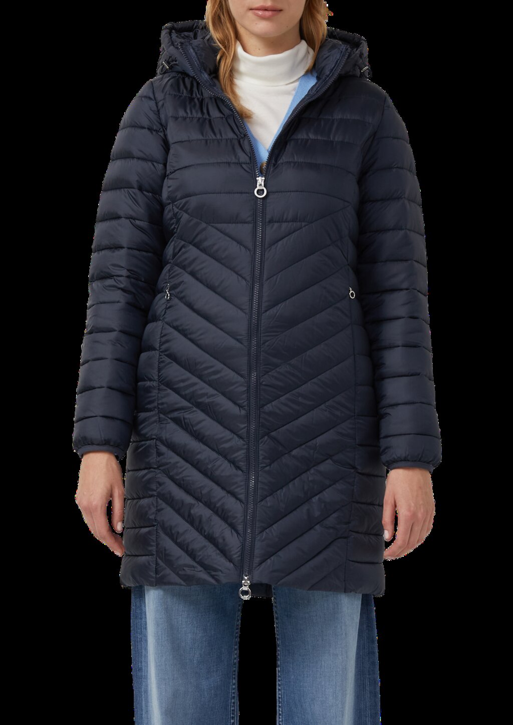 Packbarer leichter Mantel mit Zwei-Wege-Reißverschluss und abnehmbarer Kapuze