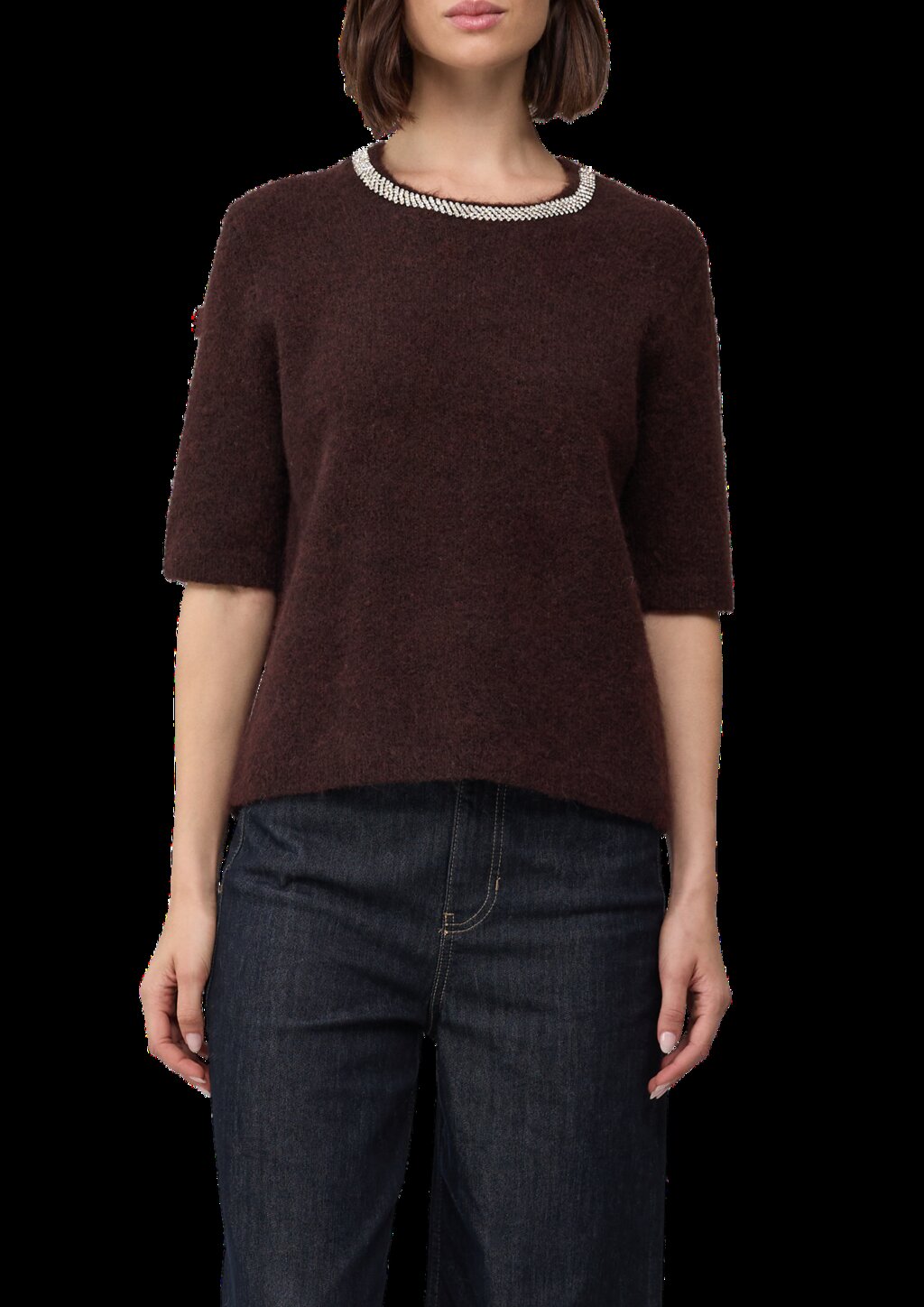 Softer Kurzarm-Pullover aus Wollmix mit Schmuck-Detail