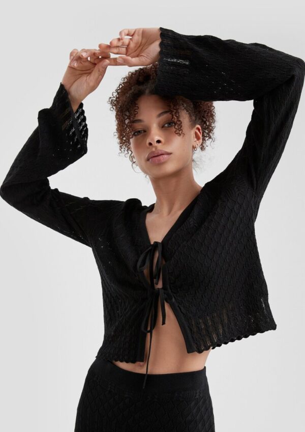 Strickjacke mit Ajourmuster und Bindedetail