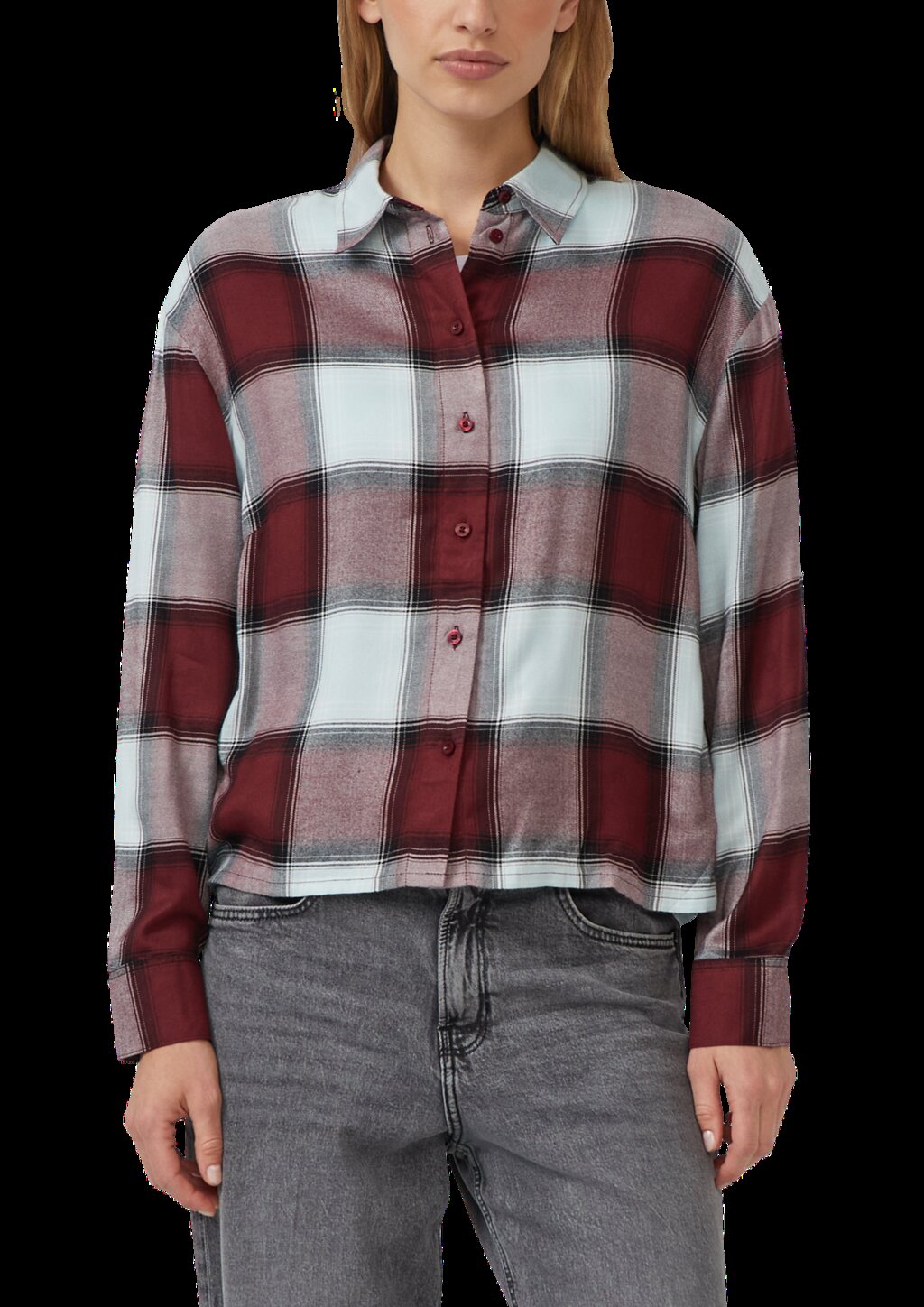 Karierte Hemdbluse aus Viskosemix mit Raffung