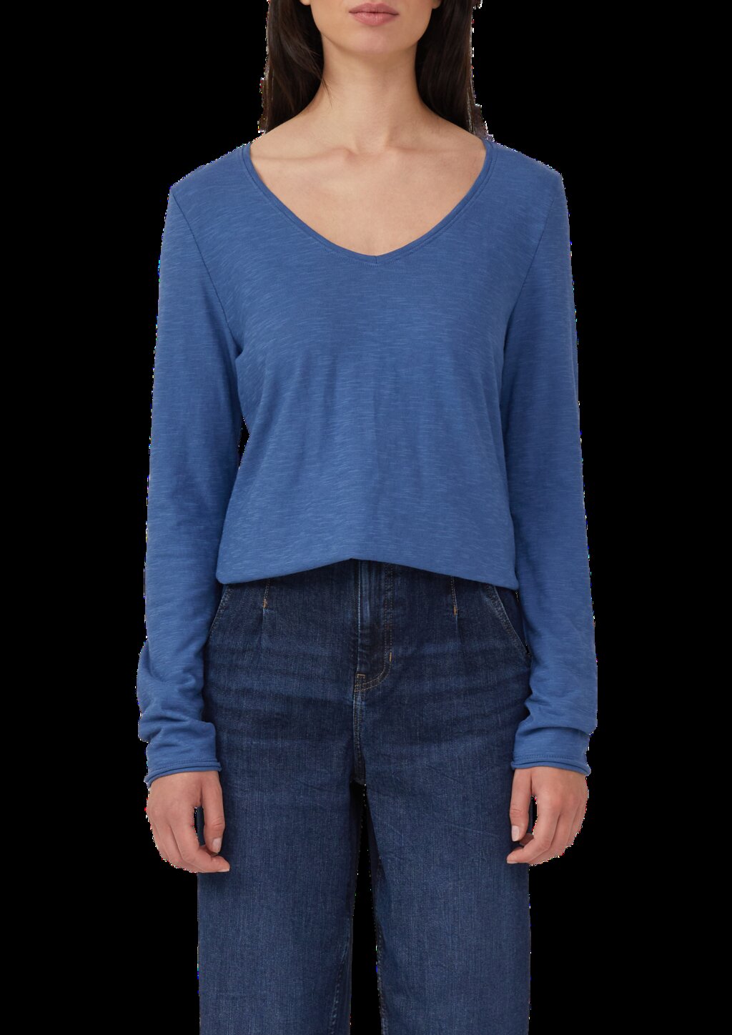 Jersey-Shirt mit V-Ausschnitt und Rollsaum