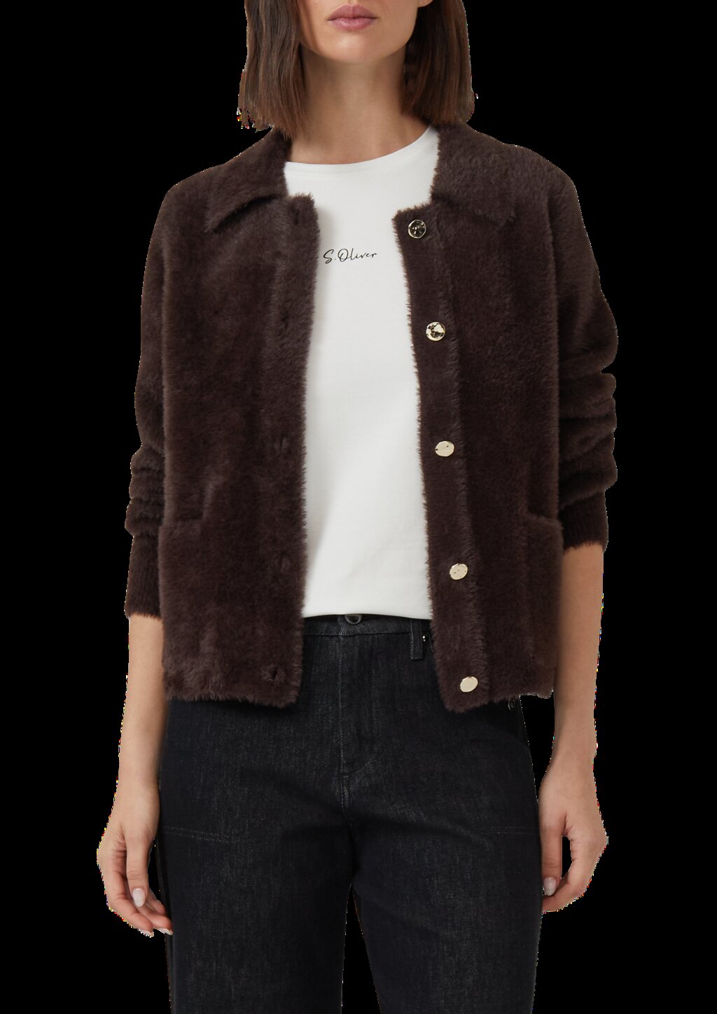 Fake-Fur-Jacke mit goldfarbenen Knöpfen und aufgesetzten Taschen