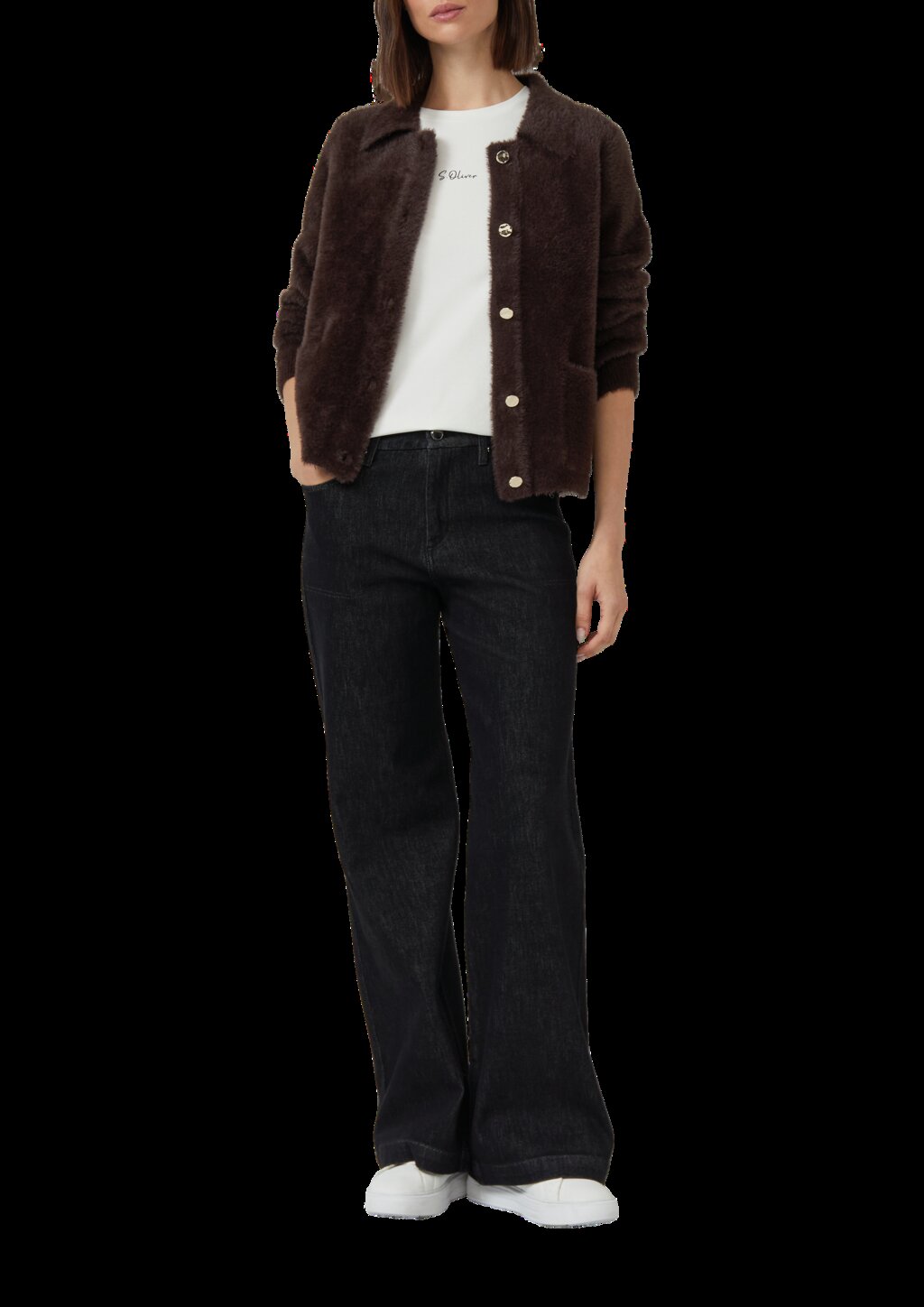 Fake-Fur-Jacke mit goldfarbenen Knöpfen und aufgesetzten Taschen